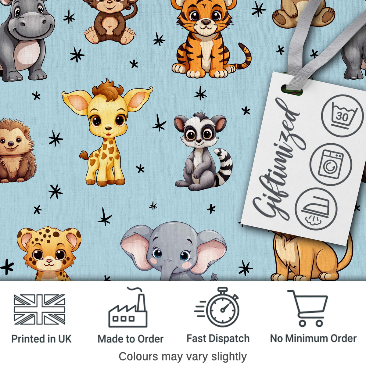 Cute Cartoon Safari Animals with Stars on Soft Blue Background Nursery Pattern Digital Print Fabric by the Metre UK Sewing Quilting Textile