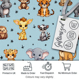 Cute Cartoon Safari Animals with Stars on Soft Blue Background Nursery Pattern Digital Print Fabric by the Metre UK Sewing Quilting Textile