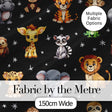 Cute Cartoon Safari Animals with Stars on Black Background Nursery Pattern Digital Print Fabric by the Metre UK Sewing Quilting Textile