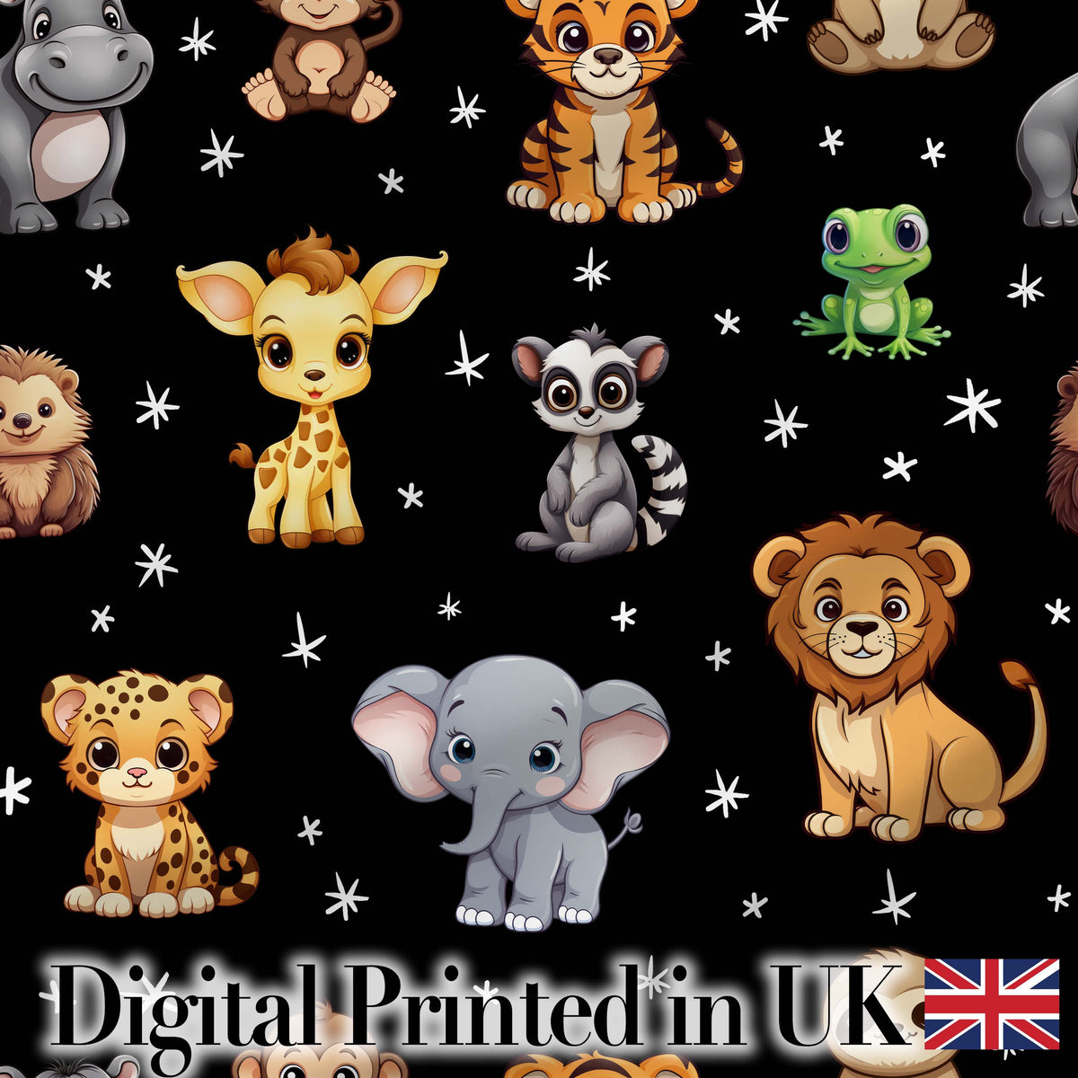 Cute Cartoon Safari Animals with Stars on Black Background Nursery Pattern Digital Print Fabric by the Metre UK Sewing Quilting Textile