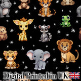 Cute Cartoon Safari Animals with Stars on Black Background Nursery Pattern Digital Print Fabric by the Metre UK Sewing Quilting Textile