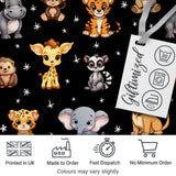 Cute Cartoon Safari Animals with Stars on Black Background Nursery Pattern Digital Print Fabric by the Metre UK Sewing Quilting Textile