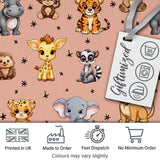 Cute Cartoon Safari Animals with Stars on Peach Background Nursery Pattern Digital Print Fabric by the Metre UK Sewing Quilting Textile