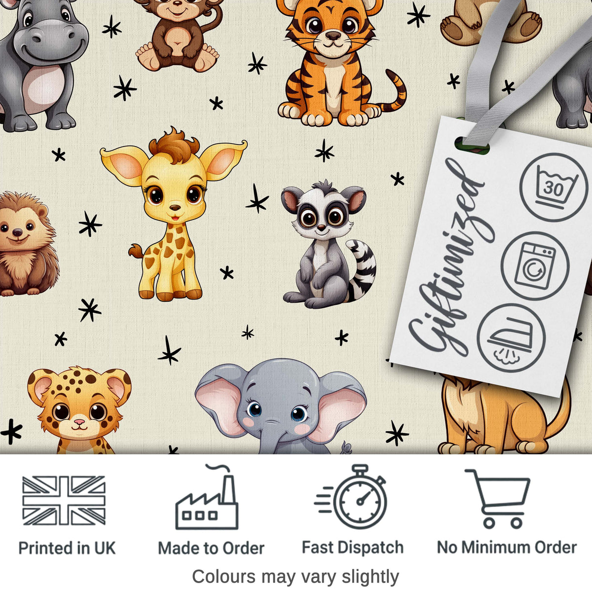 Cute Cartoon Safari Animals with Stars on Beige Background Nursery Pattern Digital Print Fabric by the Metre UK Sewing Quilting Textile
