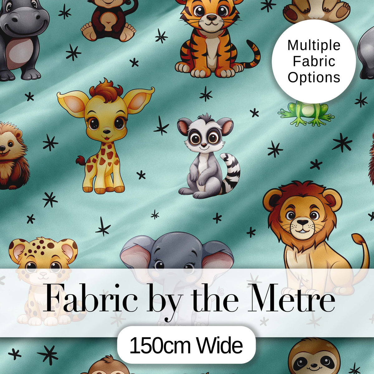 Cute Cartoon Safari Animals with Stars on Mint Background Nursery Pattern Digital Print Fabric by the Metre UK Sewing Quilting Textile
