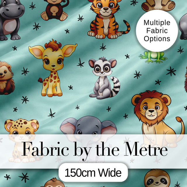 Cute Cartoon Safari Animals with Stars on Mint Background Nursery Pattern Digital Print Fabric by the Metre UK Sewing Quilting Textile
