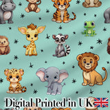 Cute Cartoon Safari Animals with Stars on Mint Background Nursery Pattern Digital Print Fabric by the Metre UK Sewing Quilting Textile