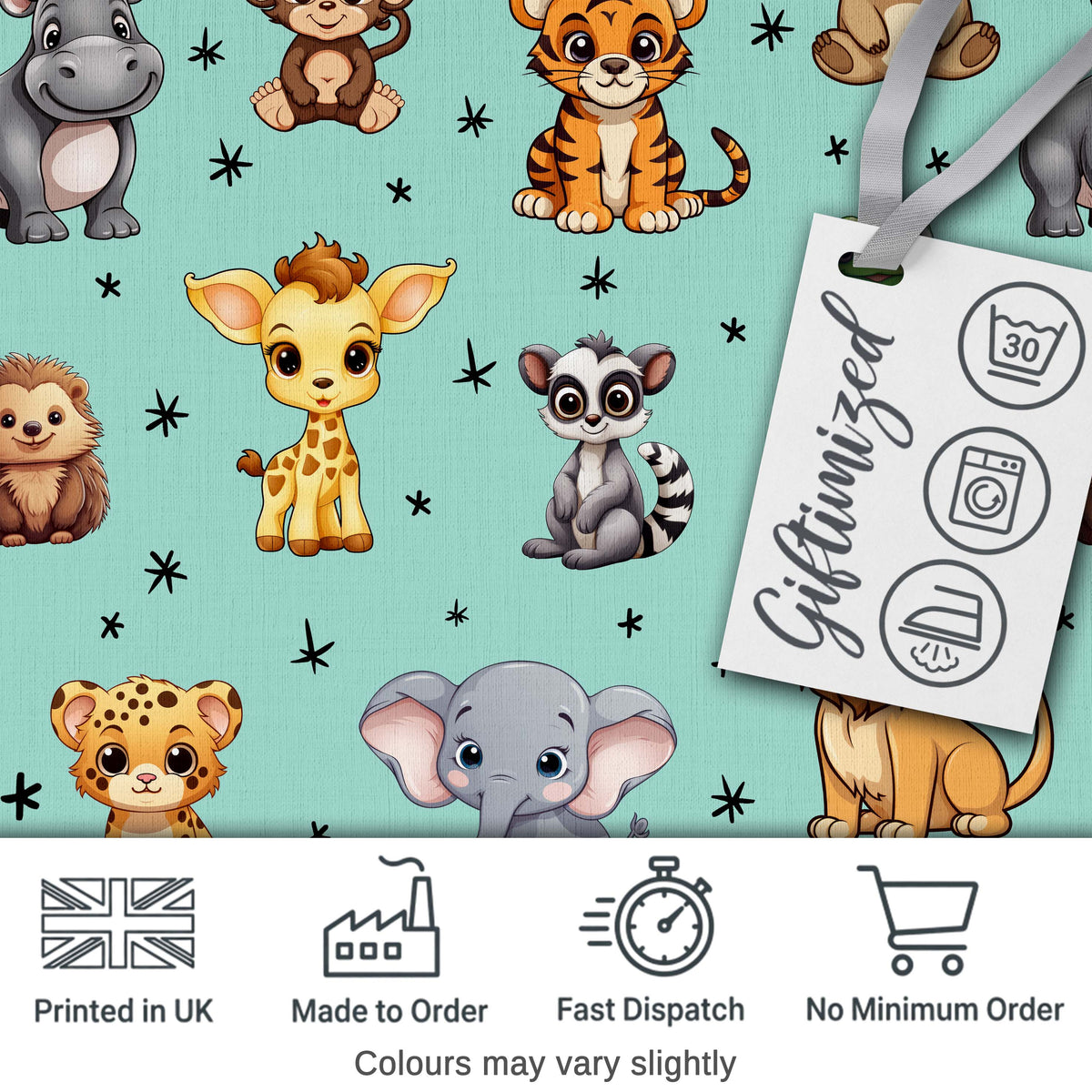 Cute Cartoon Safari Animals with Stars on Mint Background Nursery Pattern Digital Print Fabric by the Metre UK Sewing Quilting Textile