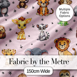 Cute Cartoon Safari Animals with Stars on Pink Background Nursery Pattern Digital Print Fabric by the Metre UK Sewing Quilting Textile
