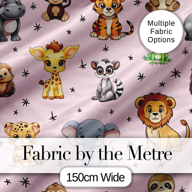 Cute Cartoon Safari Animals with Stars on Pink Background Nursery Pattern Digital Print Fabric by the Metre UK Sewing Quilting Textile