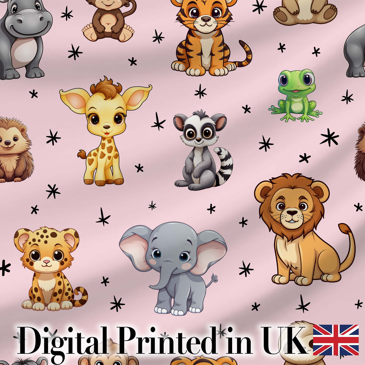 Cute Cartoon Safari Animals with Stars on Pink Background Nursery Pattern Digital Print Fabric by the Metre UK Sewing Quilting Textile