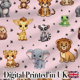 Cute Cartoon Safari Animals with Stars on Pink Background Nursery Pattern Digital Print Fabric by the Metre UK Sewing Quilting Textile