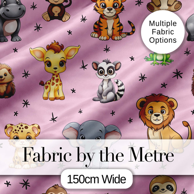 Cute Cartoon Safari Animals with Stars on Soft Pink Background Nursery Pattern Digital Print Fabric by the Metre UK Sewing Quilting Textile
