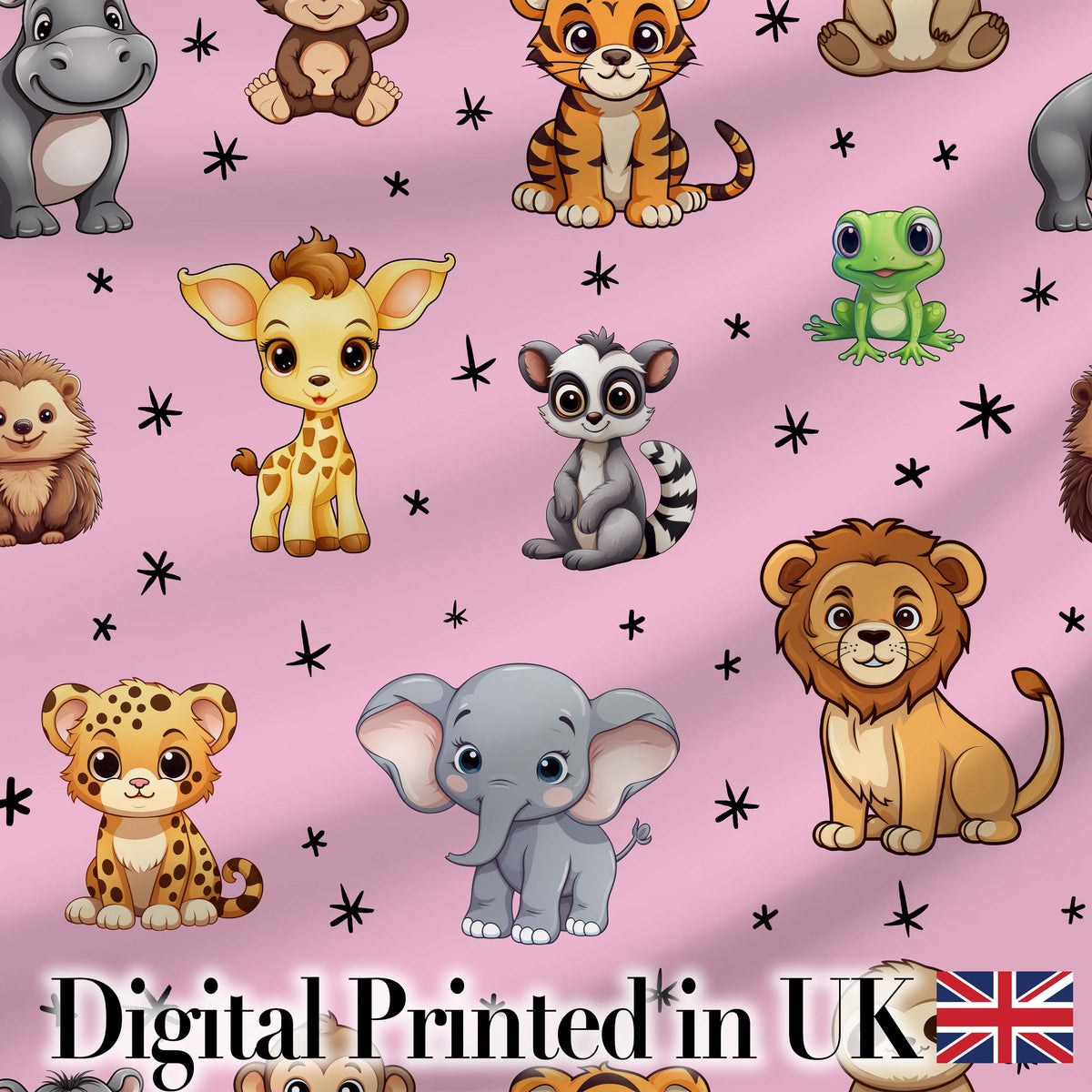 Cute Cartoon Safari Animals with Stars on Soft Pink Background Nursery Pattern Digital Print Fabric by the Metre UK Sewing Quilting Textile