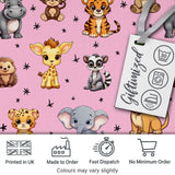 Cute Cartoon Safari Animals with Stars on Soft Pink Background Nursery Pattern Digital Print Fabric by the Metre UK Sewing Quilting Textile