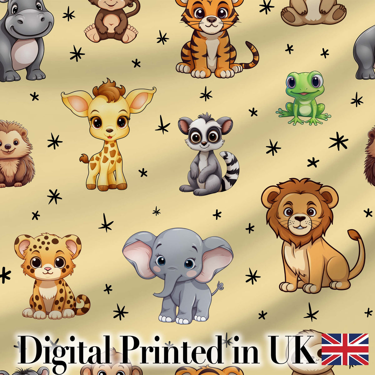 Cute Cartoon Safari Animals with Stars on Warm Beige Background Nursery Pattern Digital Print Fabric by the Metre UK Sewing Quilting Textile