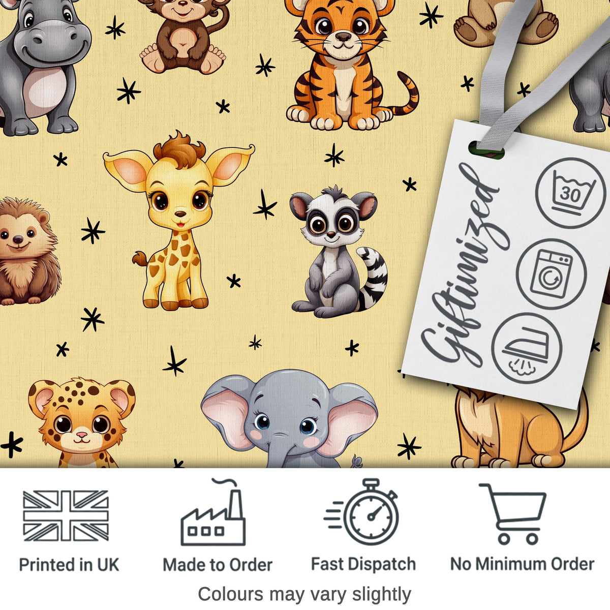 Cute Cartoon Safari Animals with Stars on Warm Beige Background Nursery Pattern Digital Print Fabric by the Metre UK Sewing Quilting Textile