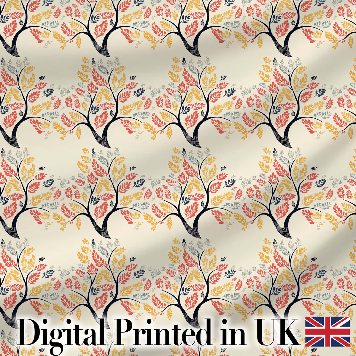 Decorative Branch Trees with Autumn Leaves Seamless Pattern Digital Print Fabric by the Metre UK Sewing Quilting Textile