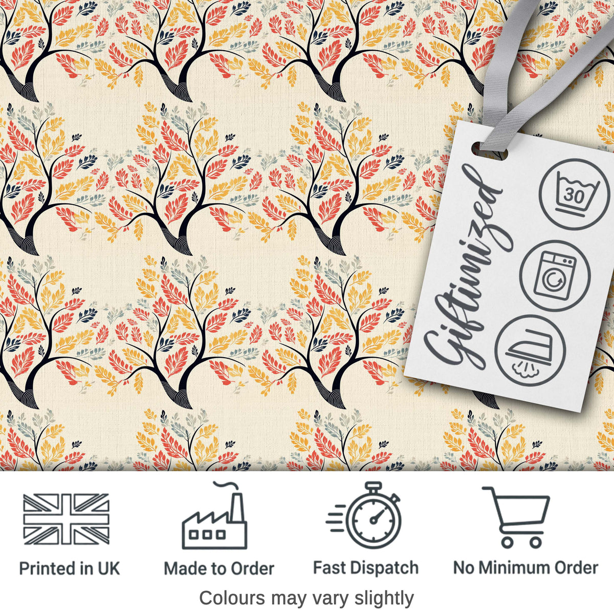Decorative Branch Trees with Autumn Leaves Seamless Pattern Digital Print Fabric by the Metre UK Sewing Quilting Textile