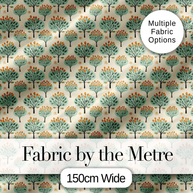 Stylised Green Trees with Orange Berries Seamless Retro Pattern Digital Print Fabric by the Metre UK Sewing Quilting Textile