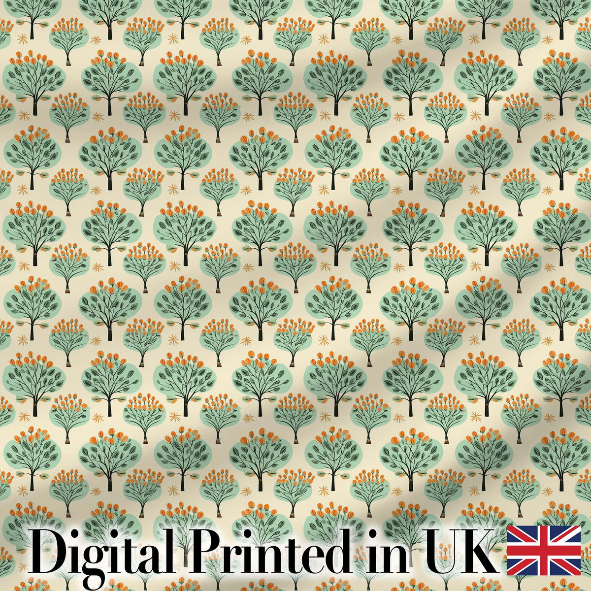 Stylised Green Trees with Orange Berries Seamless Retro Pattern Digital Print Fabric by the Metre UK Sewing Quilting Textile