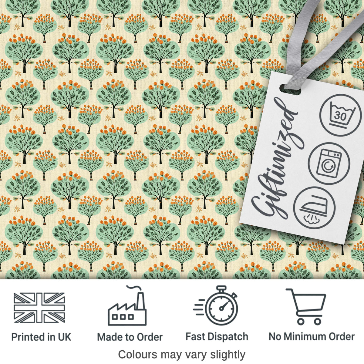 Stylised Green Trees with Orange Berries Seamless Retro Pattern Digital Print Fabric by the Metre UK Sewing Quilting Textile