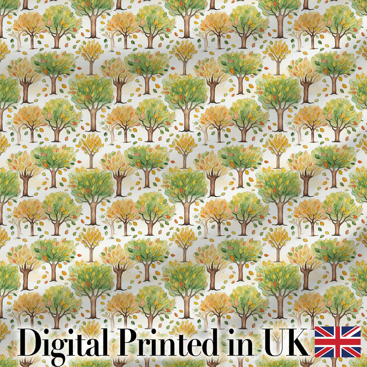 Watercolour Autumn Trees with Falling Leaves Seamless Pattern Digital Print Fabric by the Metre UK Sewing Quilting Textile