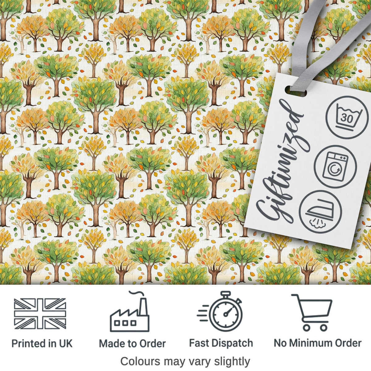 Watercolour Autumn Trees with Falling Leaves Seamless Pattern Digital Print Fabric by the Metre UK Sewing Quilting Textile