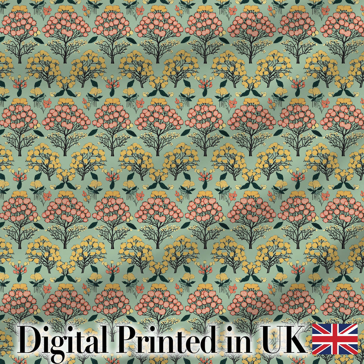 Floral Botanical Bush Pattern with Yellow and Coral Blossoms Seamless Design Digital Print Fabric by the Metre UK Sewing Quilting Textile