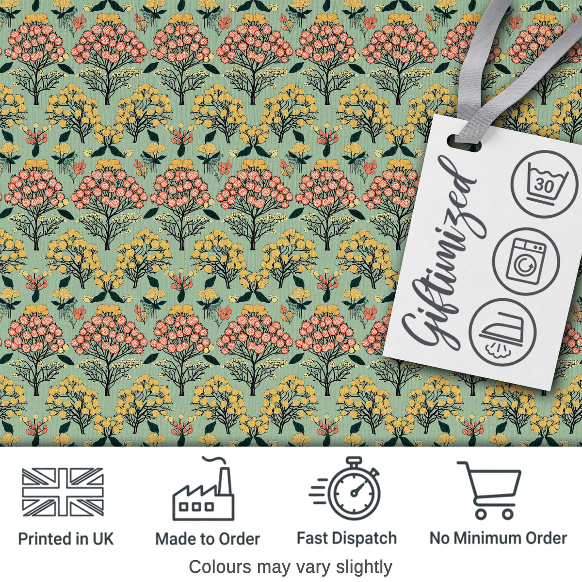 Floral Botanical Bush Pattern with Yellow and Coral Blossoms Seamless Design Digital Print Fabric by the Metre UK Sewing Quilting Textile
