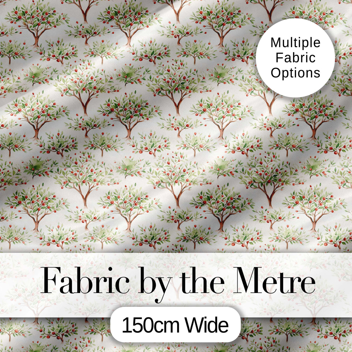 Watercolour Apple Tree Motif with Soft Green Leaves on Cream Digital Print Fabric by the Metre UK Sewing Quilting Textile