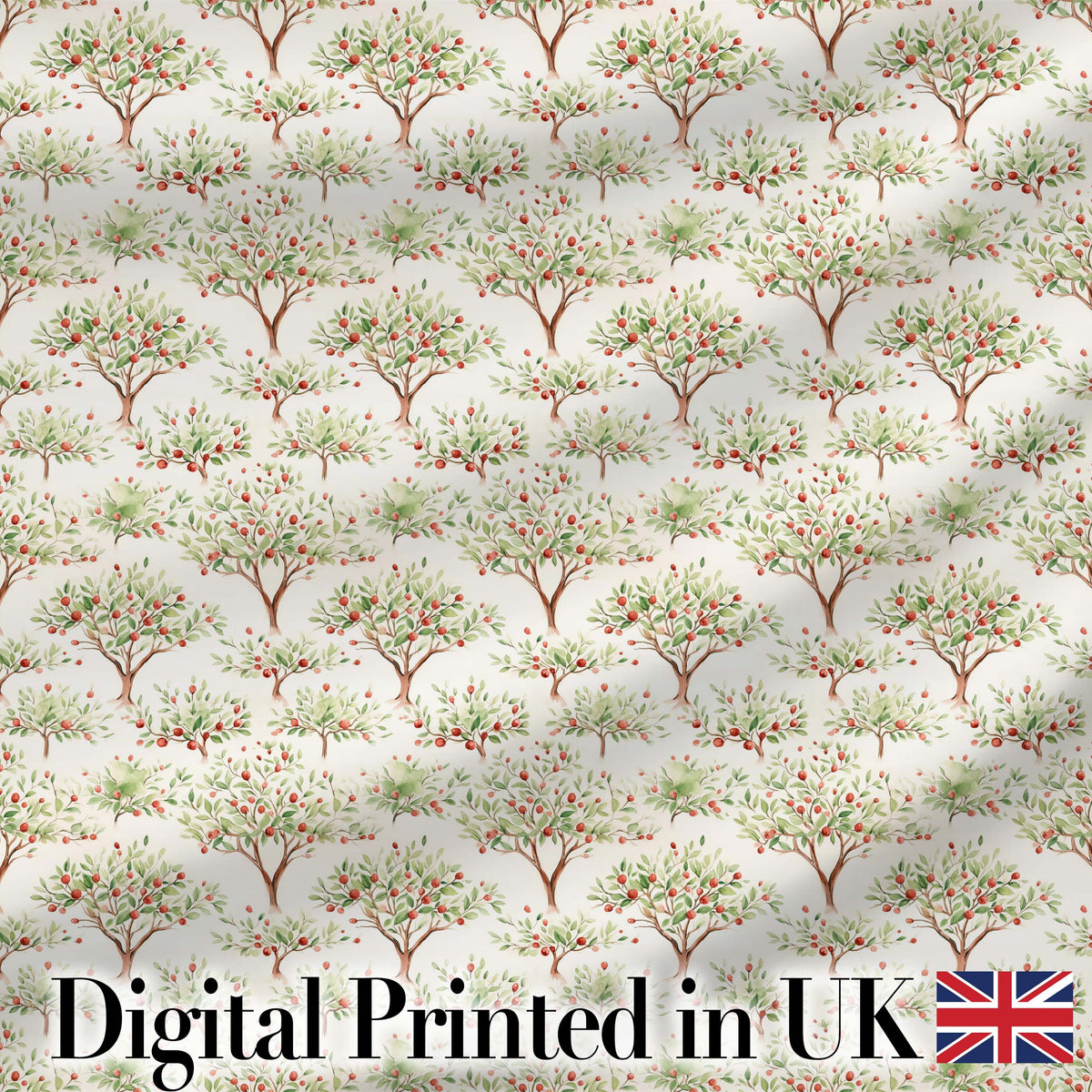 Watercolour Apple Tree Motif with Soft Green Leaves on Cream Digital Print Fabric by the Metre UK Sewing Quilting Textile