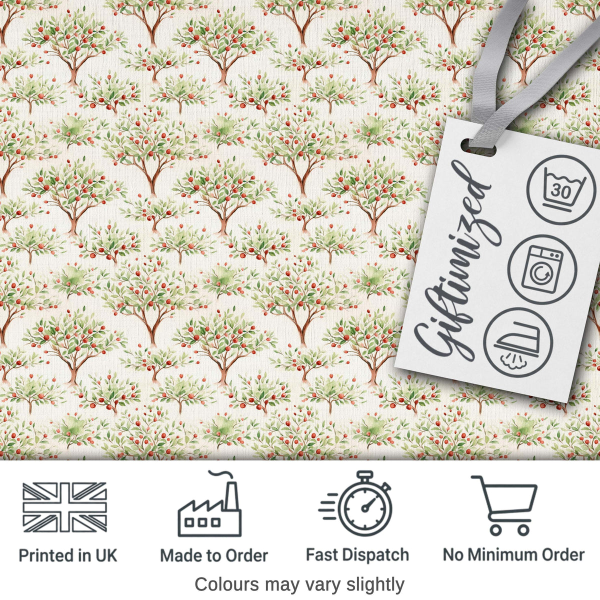 Watercolour Apple Tree Motif with Soft Green Leaves on Cream Digital Print Fabric by the Metre UK Sewing Quilting Textile