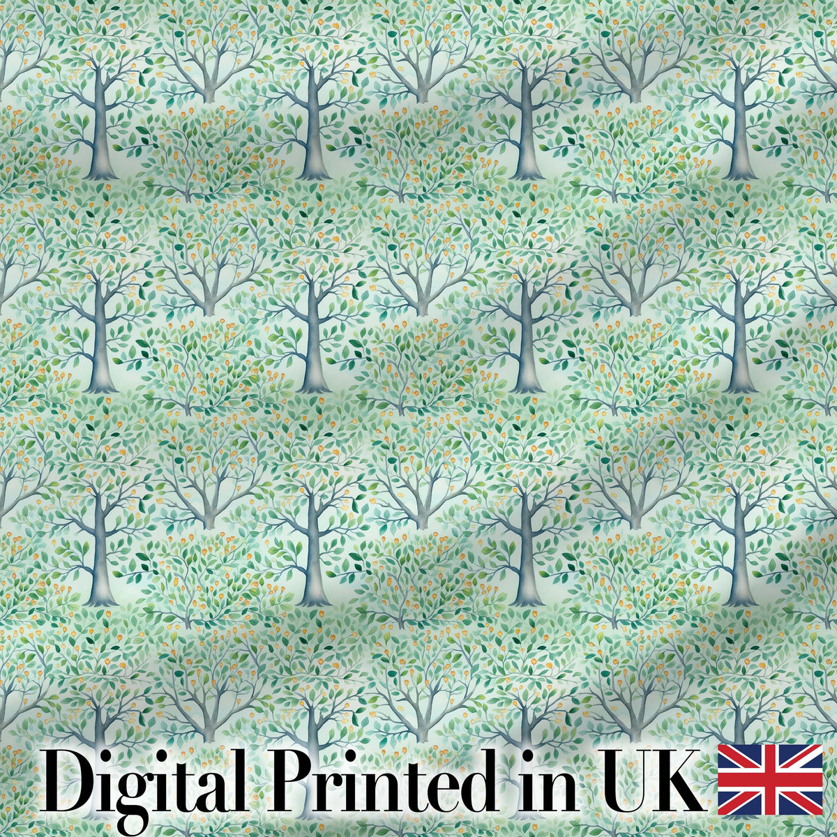Soft Blue Green Stylised Trees with Delicate Leaves Seamless Pattern Digital Print Fabric by the Metre UK Sewing Quilting Textile