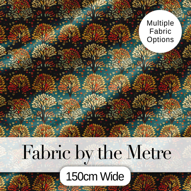 Decorative Autumn Trees in Teal and Orange Folk Art Style Pattern Digital Print Fabric by the Metre UK Sewing Quilting Textile