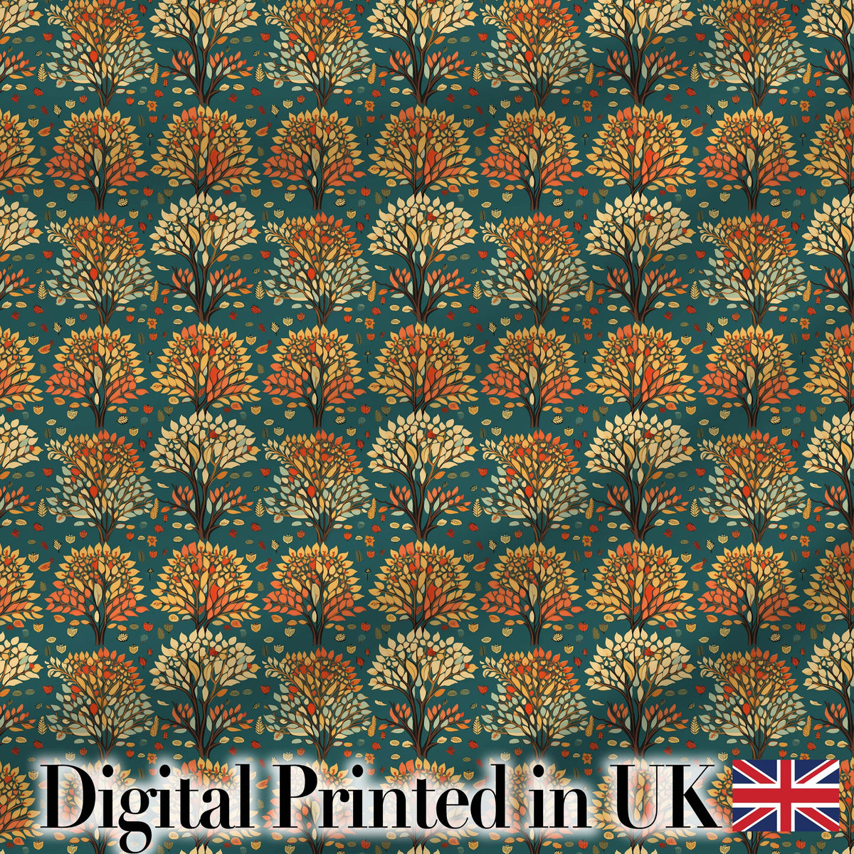 Decorative Autumn Trees in Teal and Orange Folk Art Style Pattern Digital Print Fabric by the Metre UK Sewing Quilting Textile