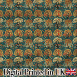 Decorative Autumn Trees in Teal and Orange Folk Art Style Pattern Digital Print Fabric by the Metre UK Sewing Quilting Textile