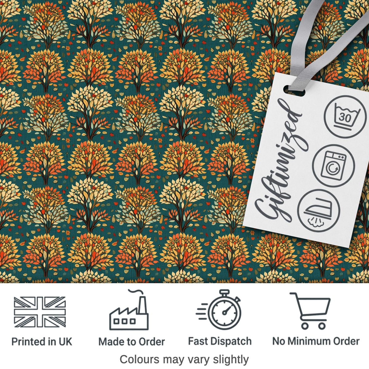 Decorative Autumn Trees in Teal and Orange Folk Art Style Pattern Digital Print Fabric by the Metre UK Sewing Quilting Textile