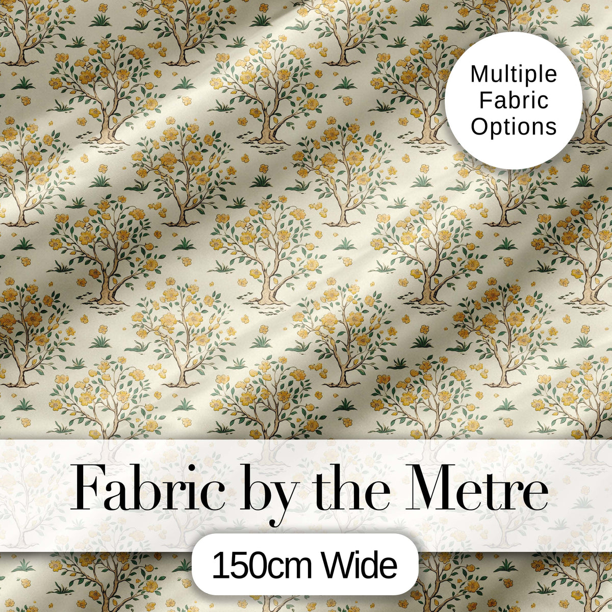 Vintage Floral Tree Design with Yellow Blossoms on Cream Background Digital Print Fabric by the Metre UK Sewing Quilting Textile