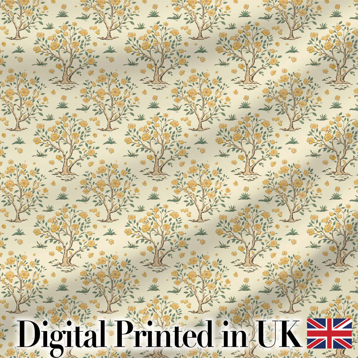 Vintage Floral Tree Design with Yellow Blossoms on Cream Background Digital Print Fabric by the Metre UK Sewing Quilting Textile