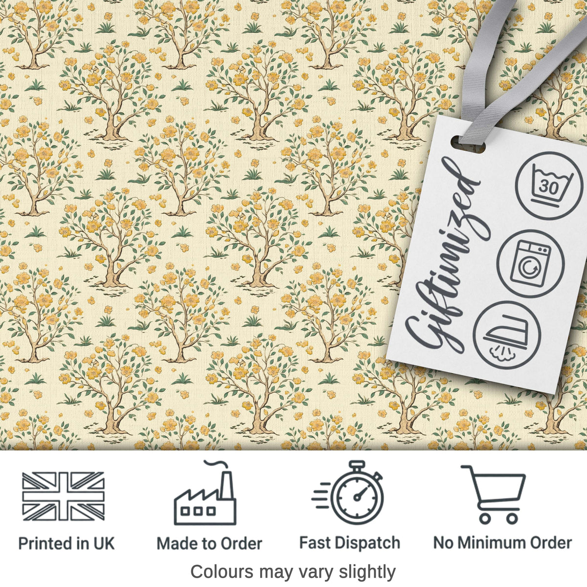 Vintage Floral Tree Design with Yellow Blossoms on Cream Background Digital Print Fabric by the Metre UK Sewing Quilting Textile