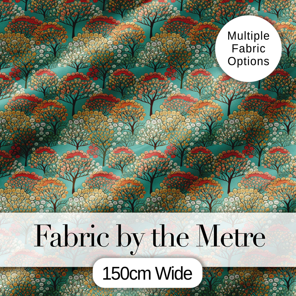 Colourful Retro Trees with Rounded Foliage on Teal Background Digital Print Fabric by the Metre UK Sewing Quilting Textile