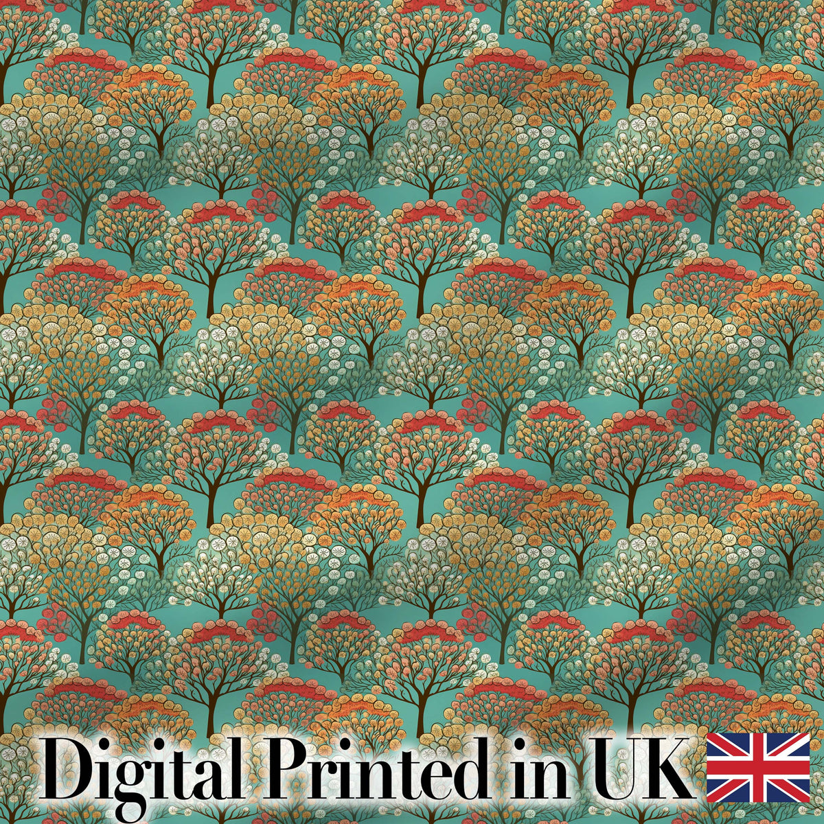 Colourful Retro Trees with Rounded Foliage on Teal Background Digital Print Fabric by the Metre UK Sewing Quilting Textile