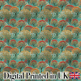 Colourful Retro Trees with Rounded Foliage on Teal Background Digital Print Fabric by the Metre UK Sewing Quilting Textile