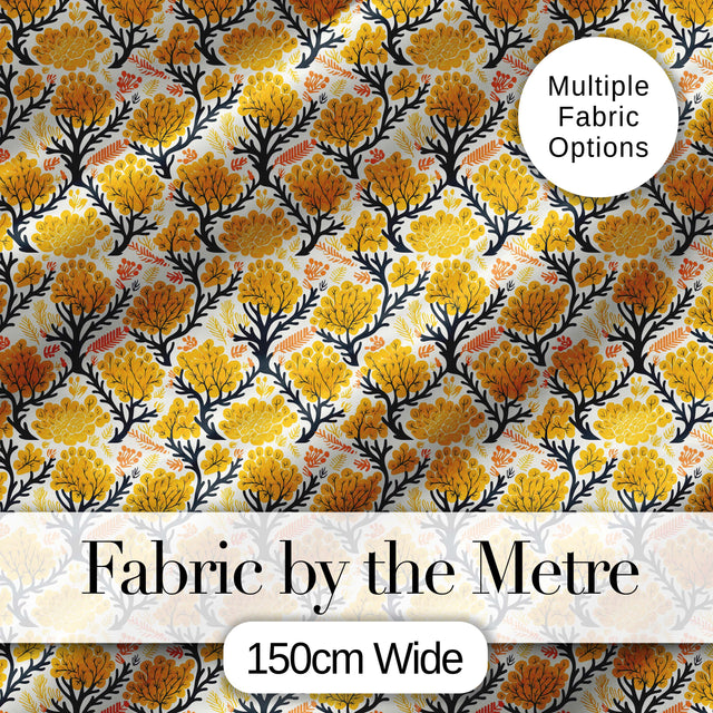 Bold Mustard Yellow Floral Tree Pattern with Dark Branches Modern Style Digital Print Fabric by the Metre UK Sewing Quilting Textile