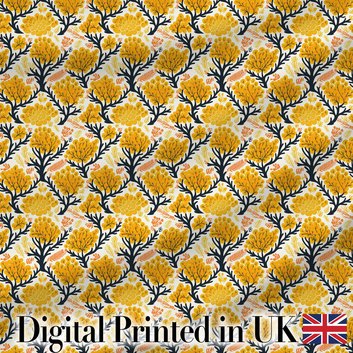 Bold Mustard Yellow Floral Tree Pattern with Dark Branches Modern Style Digital Print Fabric by the Metre UK Sewing Quilting Textile