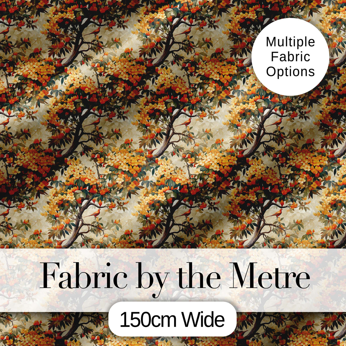Detailed Botanical Branches with Orange Flowers and Birds Vintage Style Digital Print Fabric by the Metre UK Sewing Quilting Textile