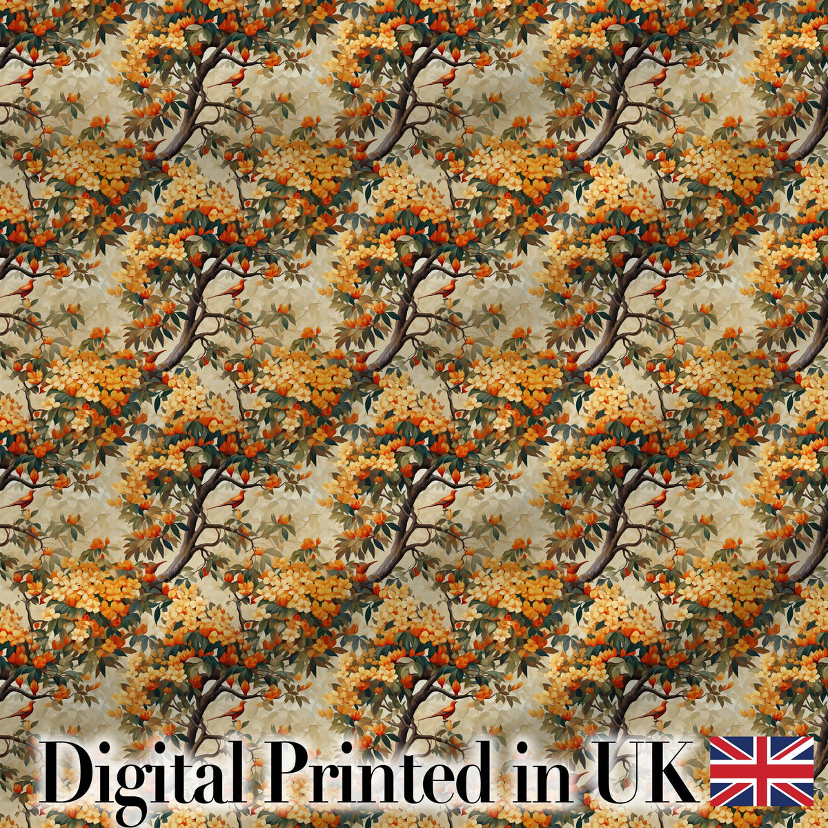 Detailed Botanical Branches with Orange Flowers and Birds Vintage Style Digital Print Fabric by the Metre UK Sewing Quilting Textile