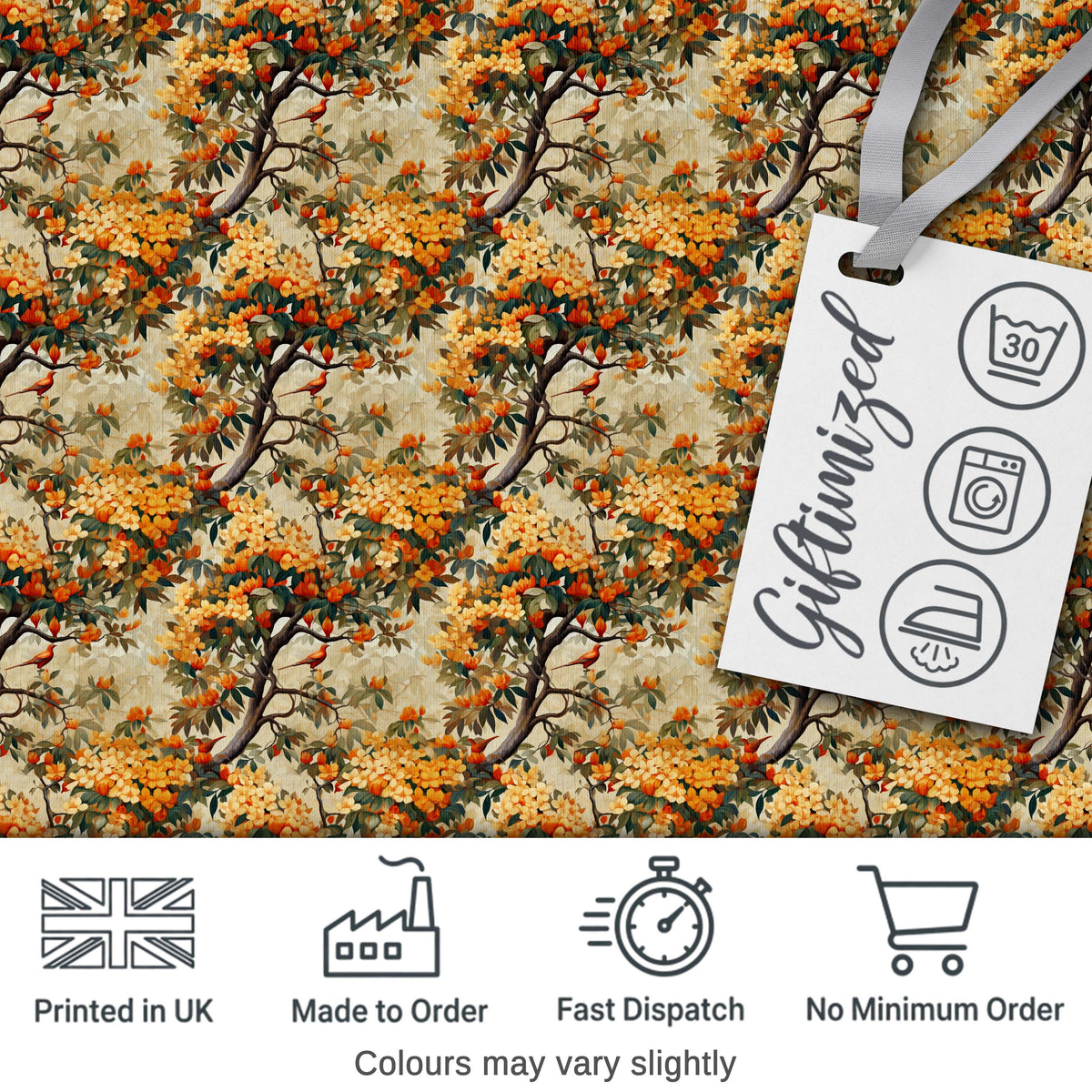 Detailed Botanical Branches with Orange Flowers and Birds Vintage Style Digital Print Fabric by the Metre UK Sewing Quilting Textile