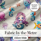 Cute Cartoon Mermaid with Sea Creatures on Light Background Kids Design Digital Print Fabric by the Metre UK Sewing Quilting Textile